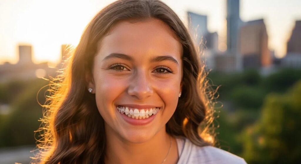 Dark haired teen using invisalign.