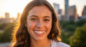 Dark haired teen using invisalign.