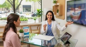 Dentist explains details to her patient.